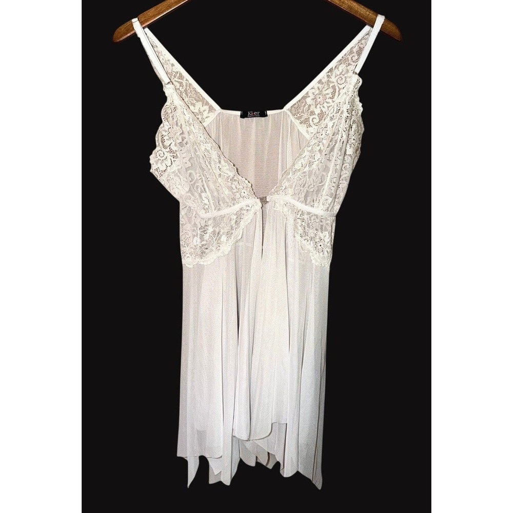 Vtg‎ 90s White Babydoll Lingerie L Lace Sheer Handkerchief Hem Bridal Coquette